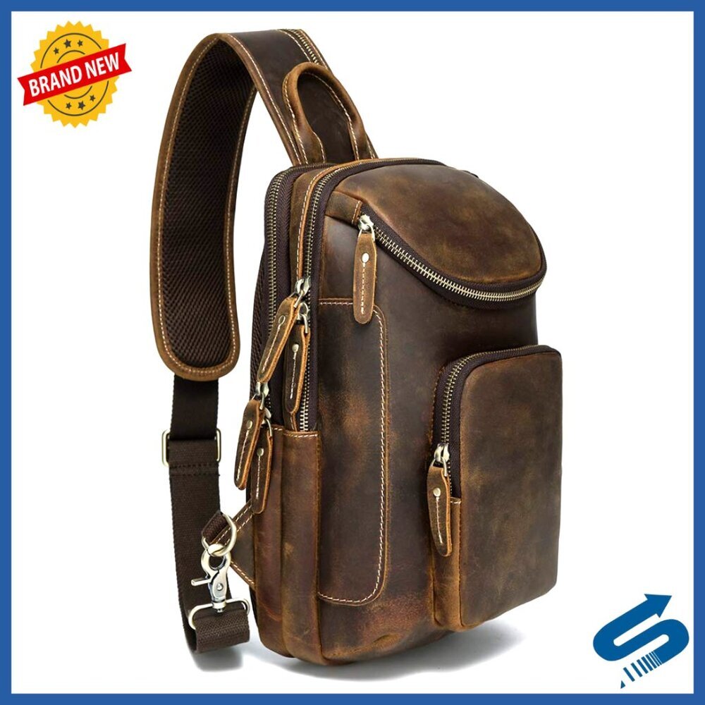 Vintage Full Grain Leather Sling Bag Crossbody Chest Daypack Retro Travel